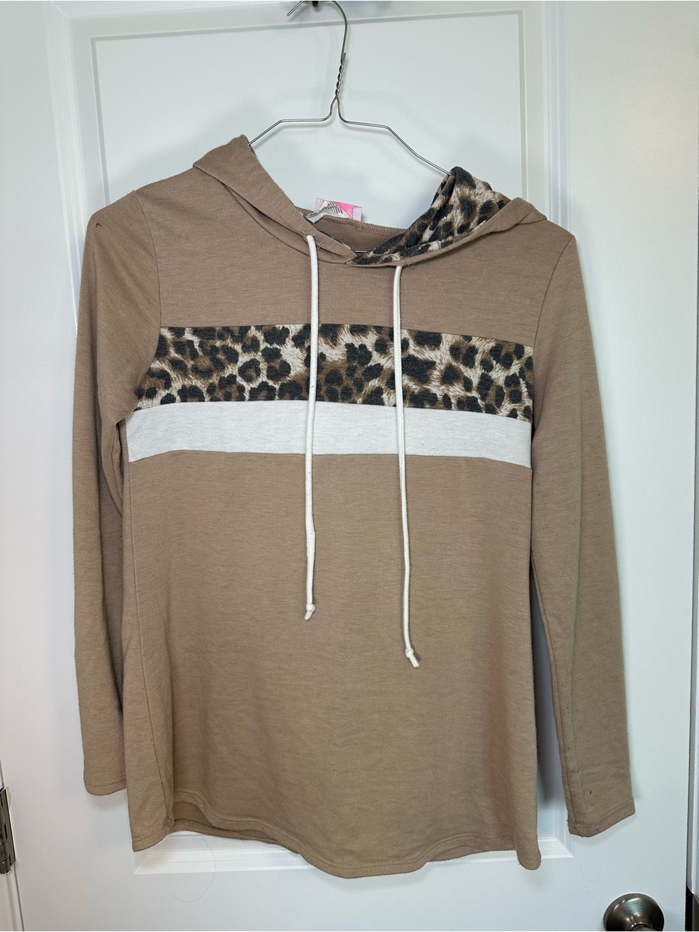 Leopard Trim Taupe Hoodie Top